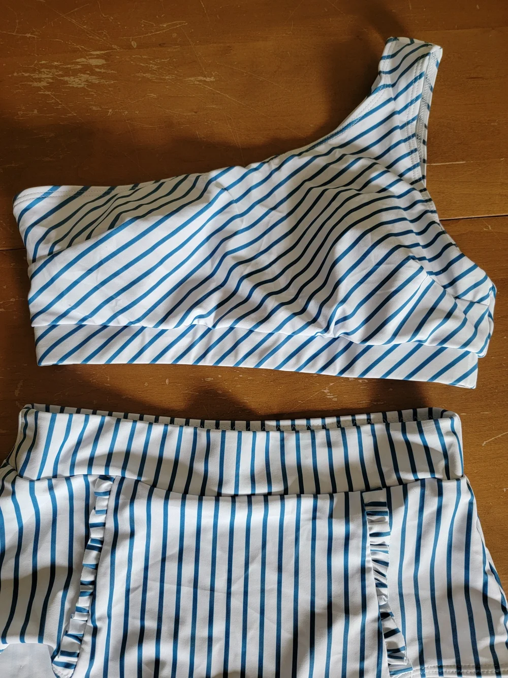 3 Piece Bikini Set One Shoulder Top With Two Coordinating Bottoms Blue/White S